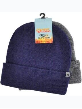 #HL010 Heat Logic Kids 2-Pack Knit Beanie Set - Navy & Heather Grey